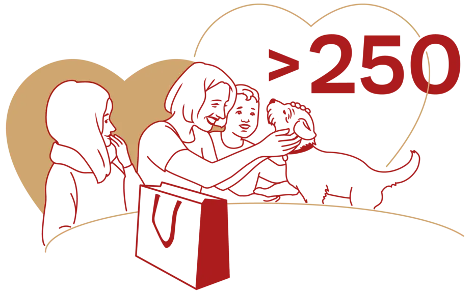 განტვინგური გამოსახულება სამი ადამიანის შემოგარება, ორი მათგანი interacts with dog, მესამე კი აღმოსავლეთის მიმართულებით მიყვანილია. ფონზე წარმოდგენილია ორი გულის ფორმა და ტექსტი ">250".